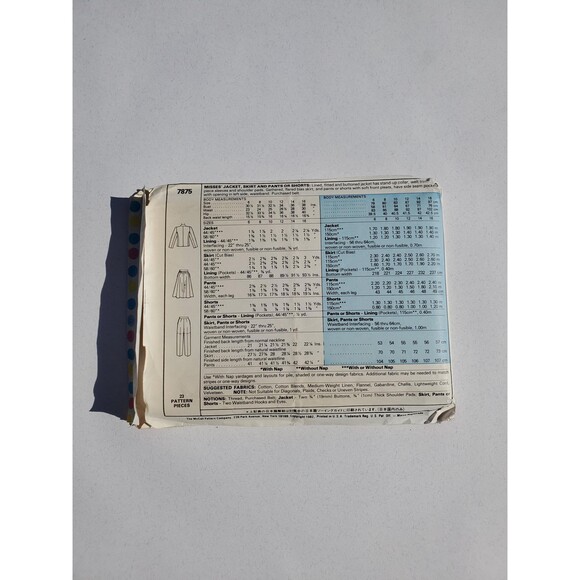 McCall's 7875 - Misses' Jacket, Skirt and Pants or Shorts - Size 10 - Uncut - Picture 3 of 3